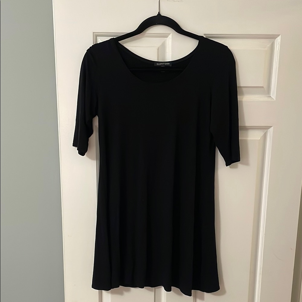 Eileen Fisher Black Tunic Top Relaxed Short elbow length Sleeve xs